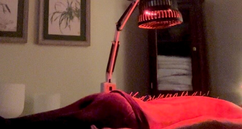 A red lamp on top of a bed.